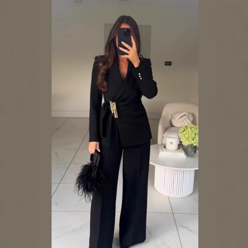 Winter Clothing Online - Damen-Hosenanzug Zweiteiliges Set Schnallendekoration Langarm-Blazer Gerade