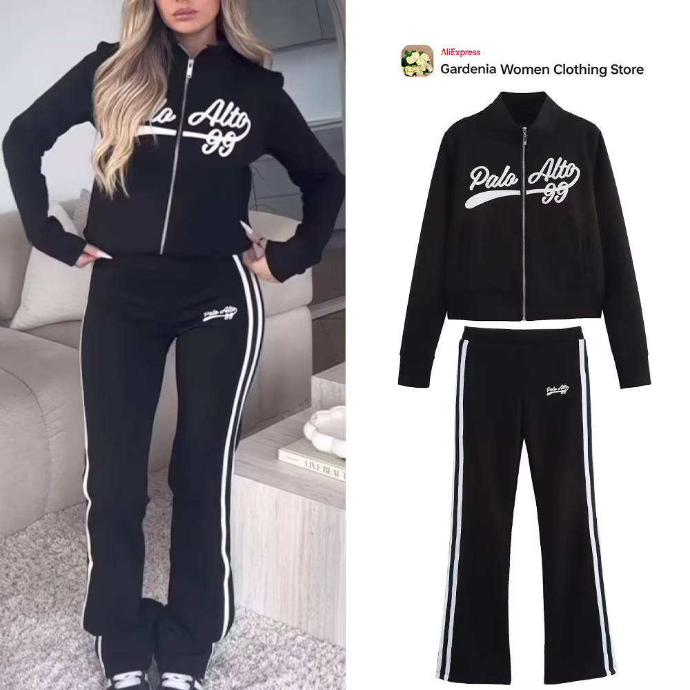 Winter Clothing Online - Lässiges schwarzes Varsity-Sportset für Damen, hochgeschlossene,