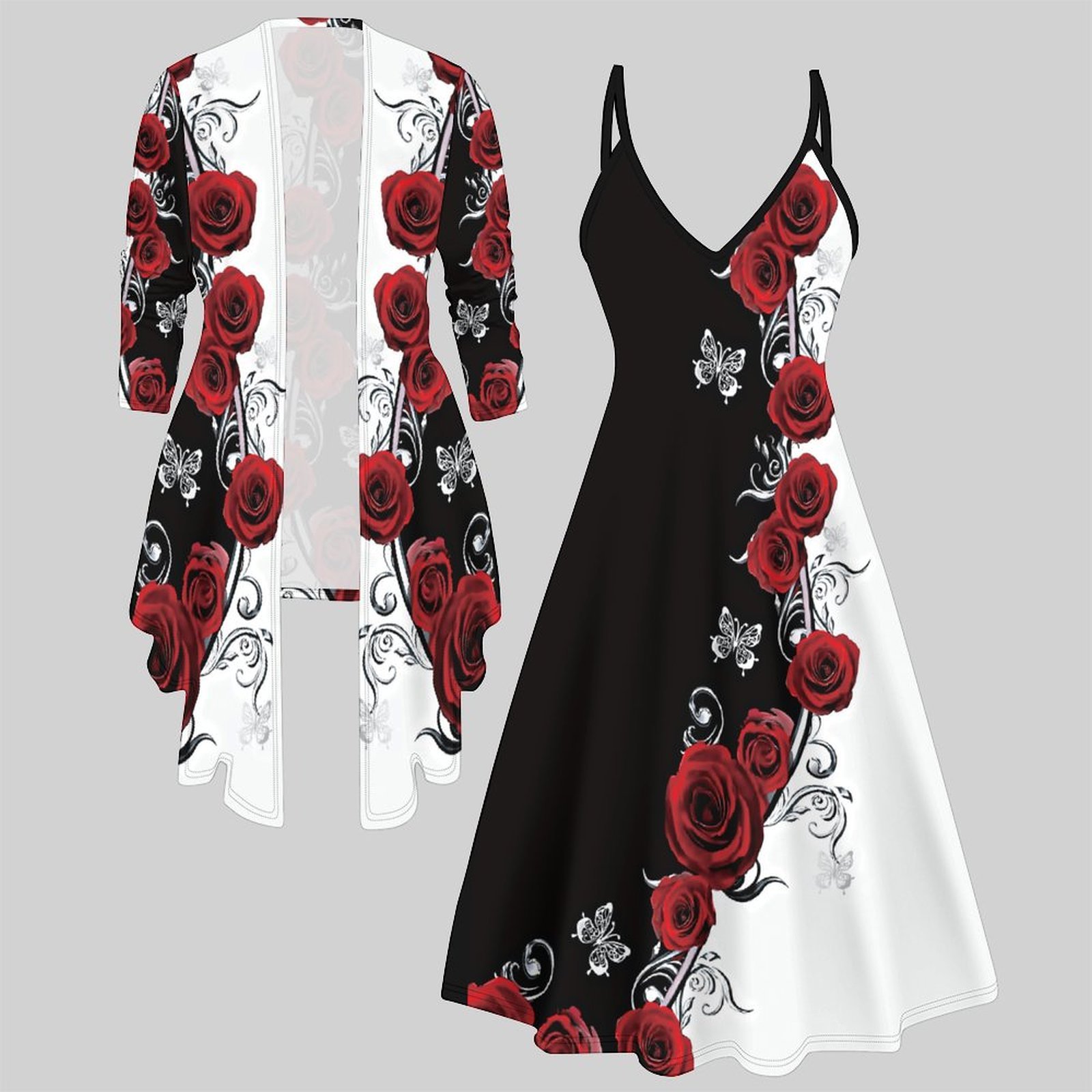 Winter Clothing Online - Bedrucktes Zweiteiler-Set Damen Midi-Kleid 3/4-Ärmel Strickjacke